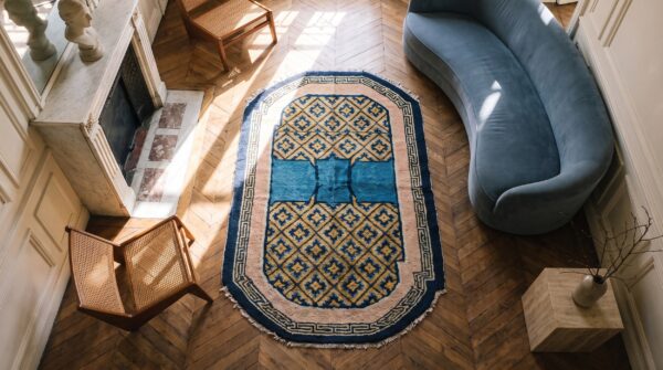Antique chinese small scatter size wool multicolor rug (sku 21731) - styled overhead view