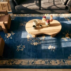 Knotted Chinese Small Scatter Size Rectangle 1890s - Peking Wool Blue Antique Rug (SKU 23543) - styled overhead view