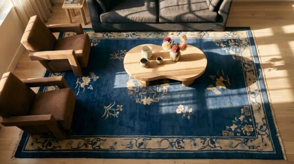 Knotted chinese small scatter size rectangle 1890s - peking wool blue antique rug (sku 23543) - styled overhead view