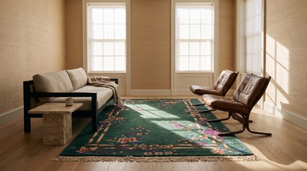 Chinese small scatter size wool knotted rectangle - art deco 1920s antique rug (sku 25272) - room view