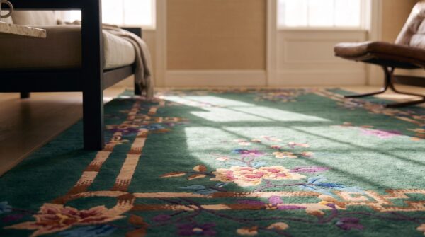 Chinese small scatter size wool knotted rectangle - art deco 1920s antique rug (sku 25272) - in-room detail