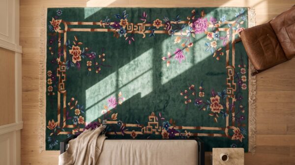 Chinese small scatter size wool knotted rectangle - art deco 1920s antique rug (sku 25272) - styled overhead view