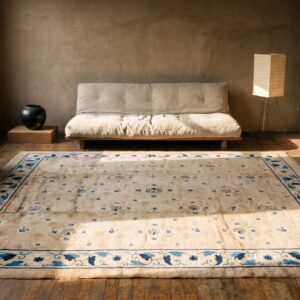 Antique Chinese Square Room Size Light Cream Color Peking Rug (SKU 19307) - styled overhead view