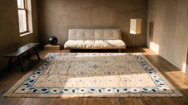 Antique chinese square room size light cream color peking rug 2 Antique chinese square room size light cream color peking rug (sku 19307) - styled overhead view