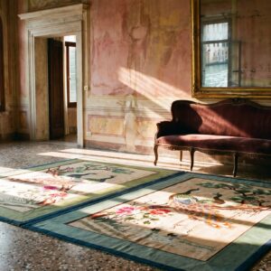 Antique Chinese Square Silk Ivory Textile Rug - Small Scatter Size (SKU 25250) - room view