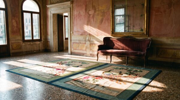 Antique chinese square silk ivory textile rug - small scatter size 6 Antique chinese square silk ivory textile rug - small scatter size (sku 25250) - room view