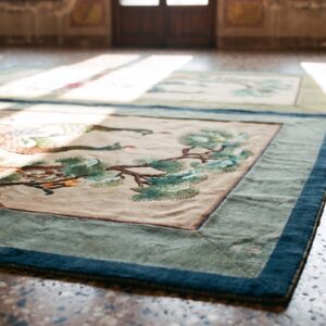 Antique Chinese Square Silk Ivory Textile Rug - Small Scatter Size (SKU 25250) - in-room detail