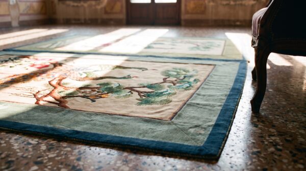 Antique chinese square silk ivory textile rug - small scatter size 7 Antique chinese square silk ivory textile rug - small scatter size (sku 25250) - in-room detail