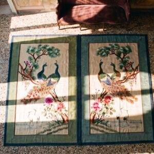 Antique Chinese Square Silk Ivory Textile Rug - Small Scatter Size (SKU 25250) - styled overhead view