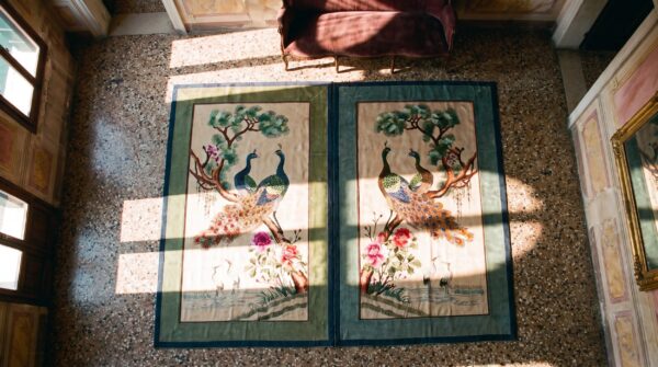 Antique chinese square silk ivory textile rug - small scatter size 2 Antique chinese square silk ivory textile rug - small scatter size (sku 25250) - styled overhead view