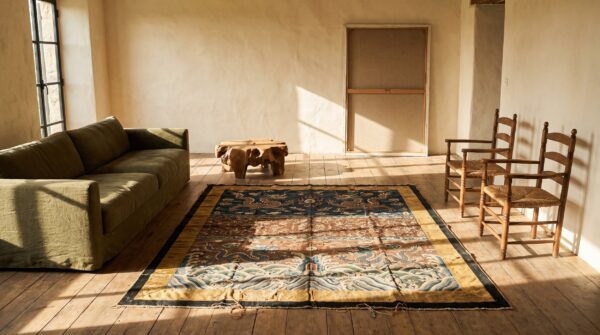 Antique chinese square textile blue 1800s rug 7 Antique chinese square textile blue 1800s rug (sku 22562) - room view