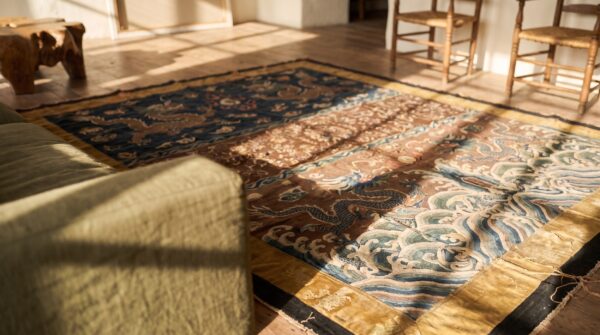 Antique chinese square textile blue 1800s rug 8 Antique chinese square textile blue 1800s rug (sku 22562) - in-room detail