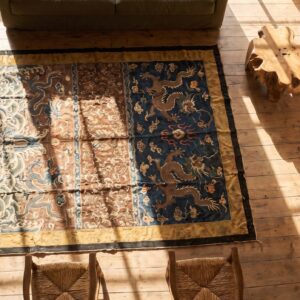 Antique Chinese Square Textile Blue 1800s Rug (SKU 22562) - styled overhead view