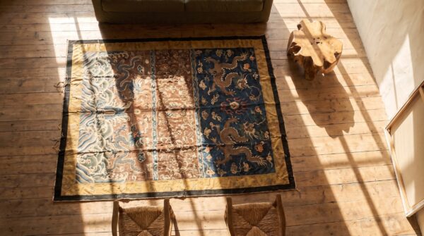 Antique chinese square textile blue 1800s rug 2 Antique chinese square textile blue 1800s rug (sku 22562) - styled overhead view