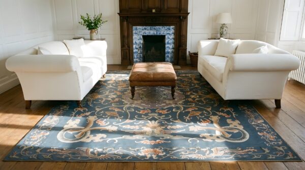 Antique chinese square textile blue 1825 rug 9 Antique chinese square textile blue 1825 rug (sku 25406) - room view