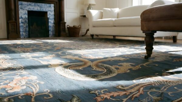 Antique chinese square textile blue 1825 rug 10 Antique chinese square textile blue 1825 rug (sku 25406) - in-room detail