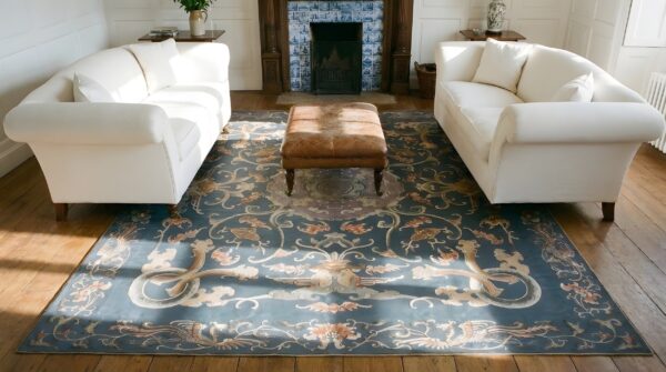 Antique chinese square textile blue 1825 rug 2 Antique chinese square textile blue 1825 rug (sku 25406) - styled overhead view