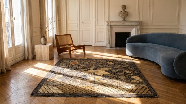 Antique chinese square textile small scatter size wool black rug (sku 22567) - room view