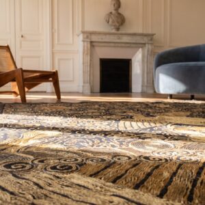 Antique Chinese Square Textile Small Scatter Size Wool Black Rug (SKU 22567) - in-room detail