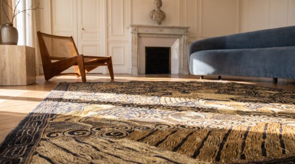 Antique chinese square textile small scatter size wool black rug (sku 22567) - in-room detail