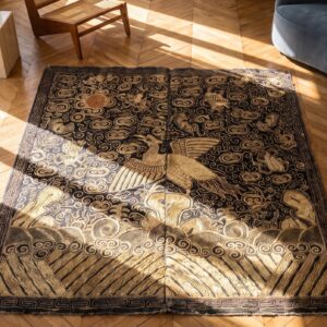Antique Chinese Square Textile Small Scatter Size Wool Black Rug (SKU 22567) - styled overhead view