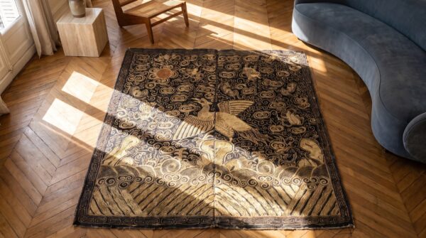 Antique chinese square textile small scatter size wool black rug (sku 22567) - styled overhead view