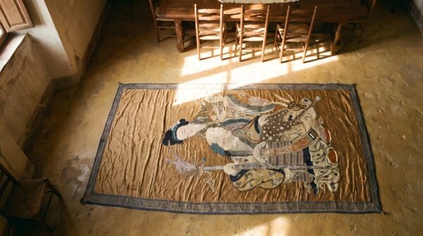 Antique chinese - textile flat weave rug (sku 23150) - styled overhead view