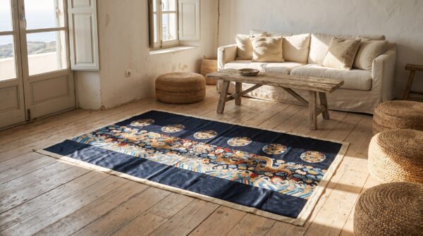 Antique chinese - textile small scatter size silk & metallic thread black rug 7 Antique chinese - textile small scatter size silk & metallic thread black rug (sku 21957) - room view