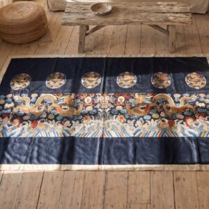 Antique Chinese - Textile Small Scatter Size Silk & Metallic Thread Black Rug (SKU 21957) - styled overhead view