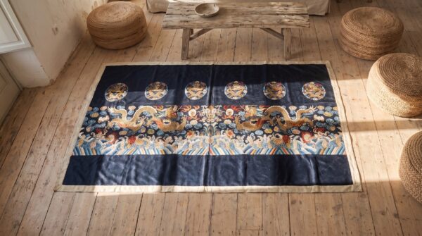 Antique chinese - textile small scatter size silk & metallic thread black rug 2 Antique chinese - textile small scatter size silk & metallic thread black rug (sku 21957) - styled overhead view
