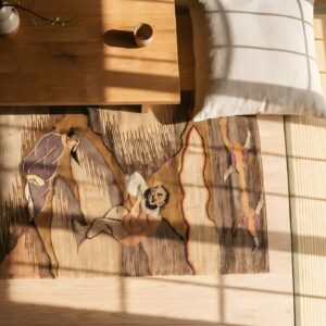Antique Chinese - Textile Small Scatter Size Silk & Metallic Thread Ivory Rug (SKU 23351) - styled overhead view