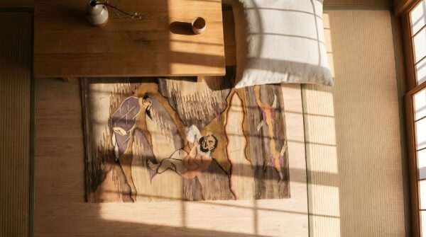 Antique chinese - textile small scatter size silk & metallic thread ivory rug 2 Antique chinese - textile small scatter size silk & metallic thread ivory rug (sku 23351) - styled overhead view