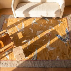 Antique Chinese Textile Small Square Scatter Size Wool Yellow Rug (SKU 23348) - styled overhead view