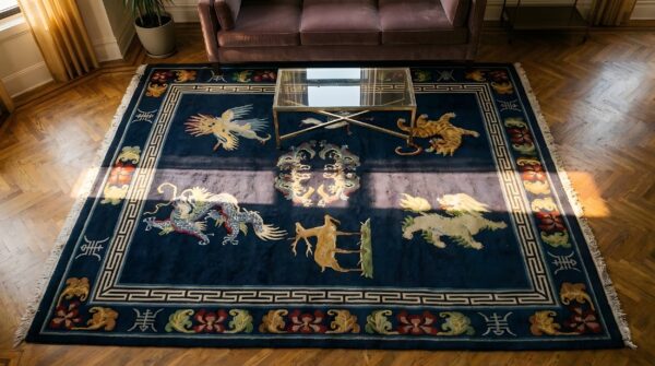 Antique chinese - tibetan knotted rug 2 Antique chinese - tibetan knotted rug (sku 23529) - styled overhead view