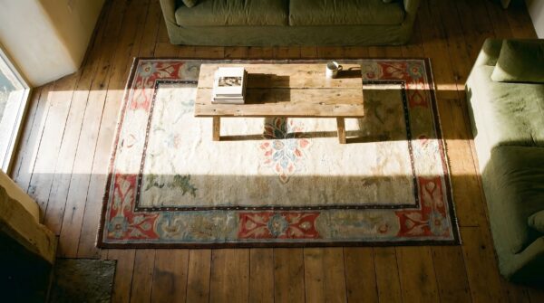 Antique chinese - tibetan ivory 1925 rug 2 Antique chinese - tibetan ivory 1925 rug (sku 25641) - styled overhead view