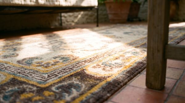 Antique chinese - tibetan small scatter size wool ivory rug 8 Antique chinese - tibetan small scatter size wool ivory rug (sku 21926) - in-room detail