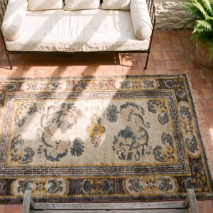 Antique Chinese - Tibetan Small Scatter Size Wool Ivory Rug (SKU 21926) - styled overhead view