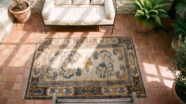 Antique chinese - tibetan small scatter size wool ivory rug 2 Antique chinese - tibetan small scatter size wool ivory rug (sku 21926) - styled overhead view