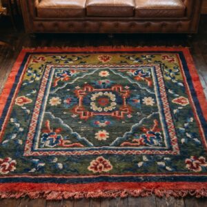 Antique Chinese - Tibetan Chinese Knotted Square Rug (SKU 17408) - styled overhead view