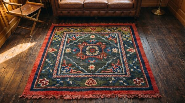 Antique chinese - tibetan chinese knotted square rug (sku 17408) - styled overhead view