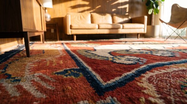 Antique chinese tibetan square wool red rug 8 Antique chinese tibetan square wool red rug (sku 25314) - in-room detail