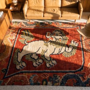Antique Chinese Tibetan Square Wool Red Rug (SKU 25314) - styled overhead view