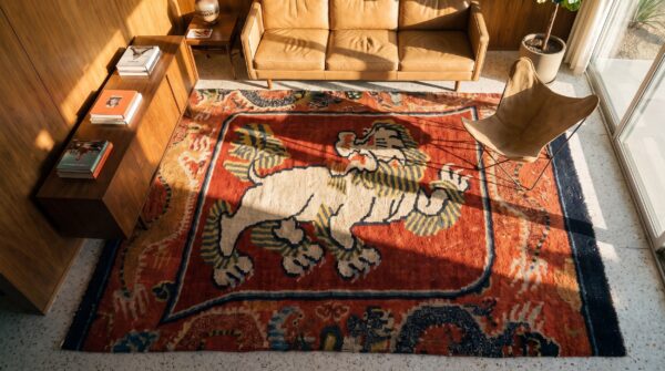 Antique chinese tibetan square wool red rug 2 Antique chinese tibetan square wool red rug (sku 25314) - styled overhead view