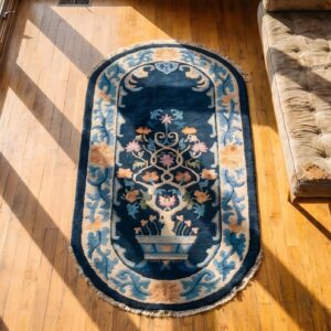 Antique Chinese Tree of Life Small Blue Peking Oval Area Rug (SKU 23224) - styled overhead view