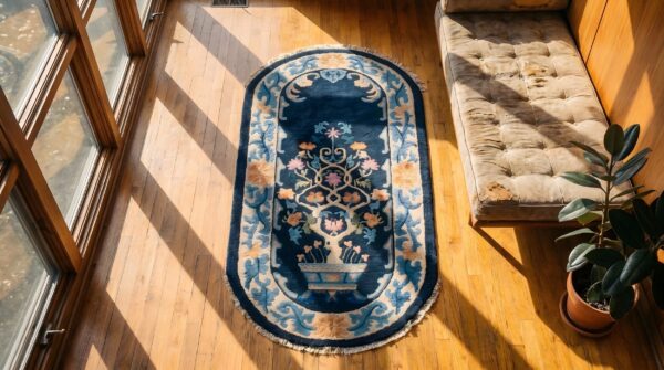 Antique chinese tree of life small blue peking oval area rug 2 Antique chinese tree of life small blue peking oval area rug (sku 23224) - styled overhead view