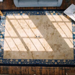 Antique Chinese Warm Light Cream Color Room Size Peking Carpet (SKU 20944) - styled overhead view
