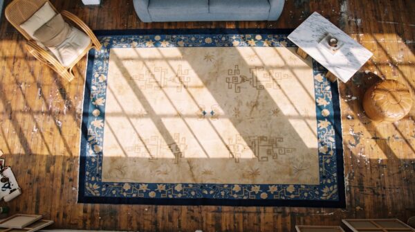 Antique chinese warm light cream color room size peking carpet 2 Antique chinese warm light cream color room size peking carpet (sku 20944) - styled overhead view