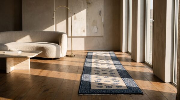Antique chinese white and blue hand-knotted wool peking hallway runner rug 8 Antique chinese white and blue hand-knotted wool peking hallway runner rug (sku 20995) - room view
