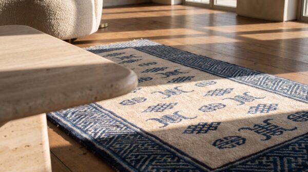Antique chinese white and blue hand-knotted wool peking hallway runner rug 9 Antique chinese white and blue hand-knotted wool peking hallway runner rug (sku 20995) - in-room detail
