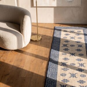 Antique Chinese White and Blue Hand-Knotted Wool Peking Hallway Runner Rug (SKU 20995) - styled overhead view